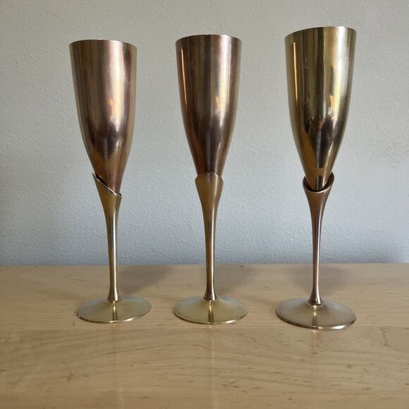 Other - Vintage Solid Brass Champagne Flutes Set of 3 Tall MCM Toasting Glasses